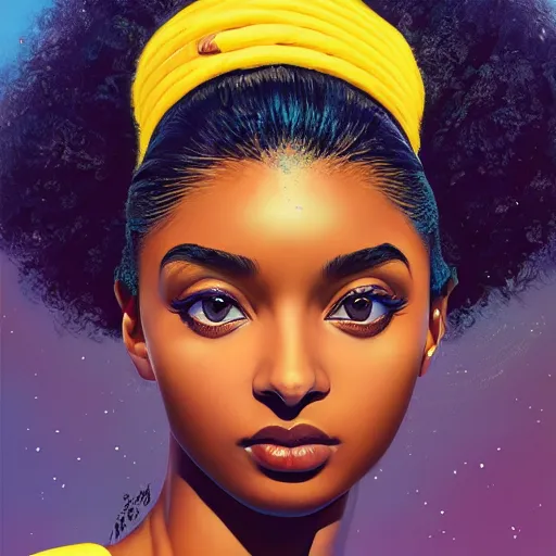 Image similar to electric yara shahidi, afrofuturism, cute - fine - face, pretty face, oil slick hair, realistic shaded perfect face, extremely fine details, realistic shaded lighting, dynamic background, poster by by ilya kuvshinov katsuhiro otomo, magali villeneuve, artgerm, jeremy lipkin and michael garmash and rob rey