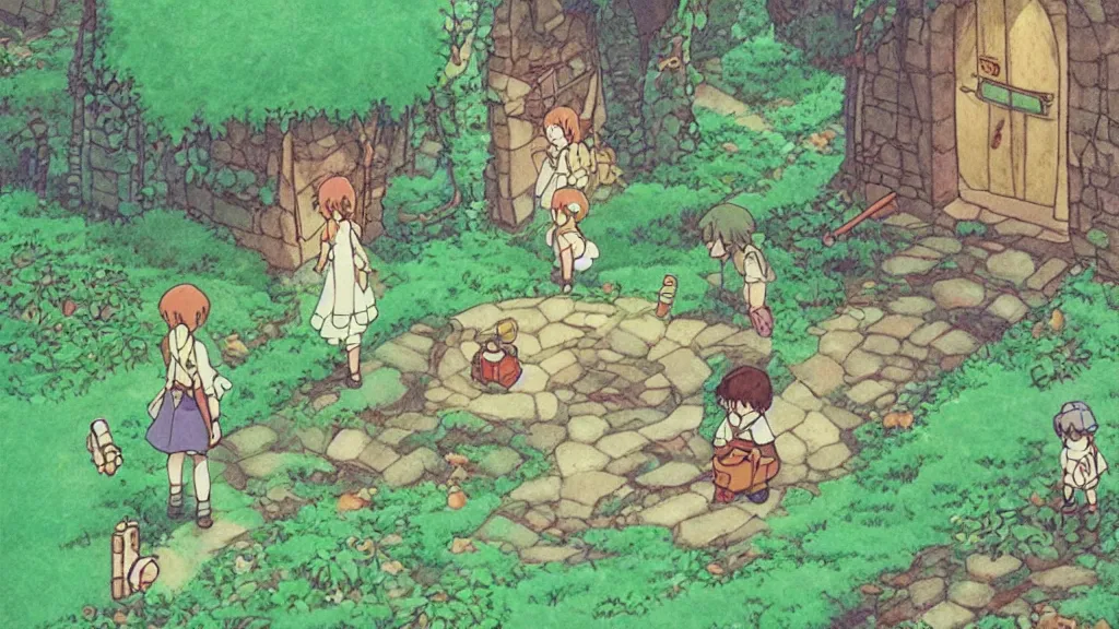 Image similar to simple scene of a 1 9 8 0 s “ studio ghibli ” anime featuring “ link ” with a fairy and princess zelda in “ hyrule ” or in a labyrinth.