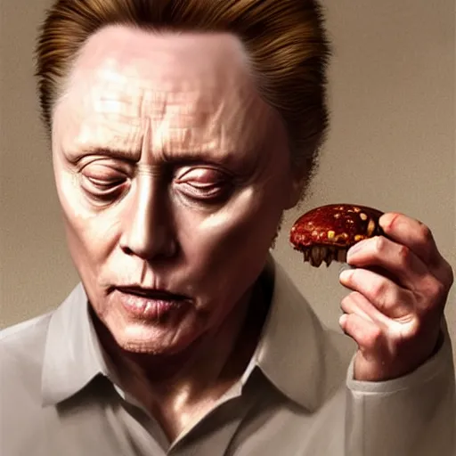 Prompt: portrait of Christopher Walken violently stabbing a hamburger, extra onions and ketchup, luscious patty with sesame seeds, feminine ethereal, delicate fingers, subsurface scattering skin, handsome, D&D, fantasy, intricate, elegant, highly detailed, digital painting, artstation, concept art, matte, sharp focus, illustration, art by Artgerm and Greg Rutkowski and Alphonse Mucha