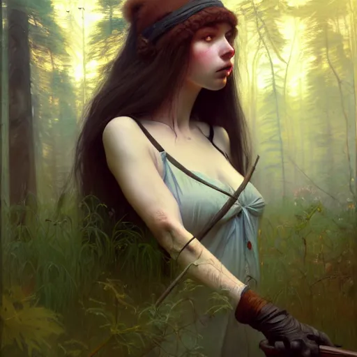 Image similar to young angry woman, beautiful girl, full body, no hair, in a forest, realistic, serov, surikov, vasnetsov, repin, kramskoi, insanely detailed, charlie bowater, tom bagshaw, high resolution, octane rendered, unreal engine, illustration, trending on artstation, masterpiece, 8 k