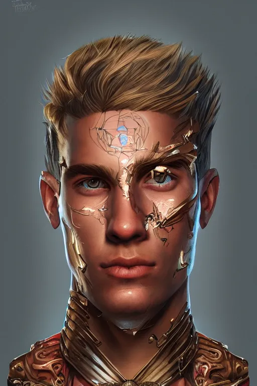 Image similar to portrait of beautiful young man, warhammer, a lot of scars, readhead, the future ages, highly detailed, artstation, illustration, art by tristan eaton, 8 k quality