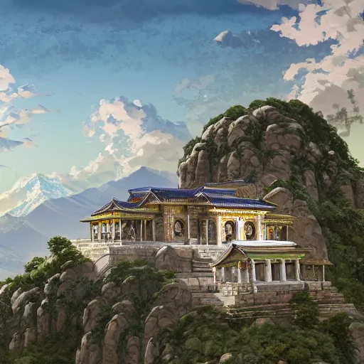 Image similar to concept art painting of a marble temple on top of a mountain, with greek and japanese architecture, overlooking a valley with a village below, realistic, detailed, cel shaded, in the style of makoto shinkai and greg rutkowski and albert bierstadt and james gurney