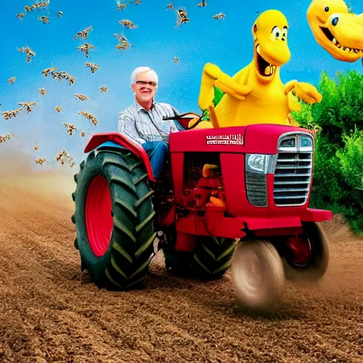 Prompt: high - quality of steve martin driving a tractor, being chased by barney the dinosaur and a swarm of bees, 4 k