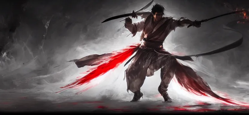 Image similar to Epic action scene, Concept art of a man wielding a guandao, wearing a white garb covered with a long white cloak, red smoke follows his movement, full body wuxia, polearm martial arts by Akihito Yoshitomi AND Yoji Shinkawa AND Greg Rutkowski, Mark Arian trending on artstation, 4k