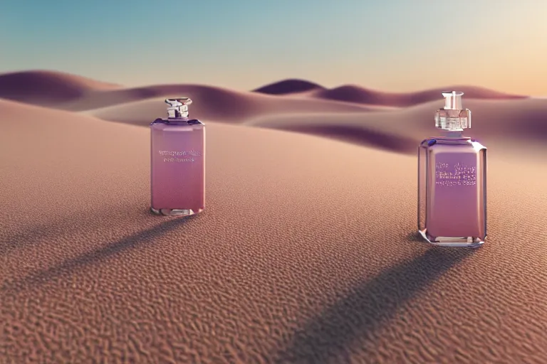 Prompt: perfume bottle buried in glittering oasis in the middle of a desert with blurred soft background flowers, soft lilac skies, silky smooth, dramatic, mid day, sand dune background, large scale, wind - swept, lots of detail, realistic lighting, octane render, by wlop, artgerm, trending on artstation