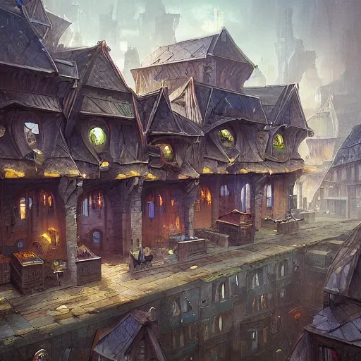 Prompt: buildings had built from stone blocks, with tile roofs, and simple, peaked wooden roofs. the structures were packed closely together, making them seem squat. the tenements and shops were uniform in appearance ; by peter mohrbacher