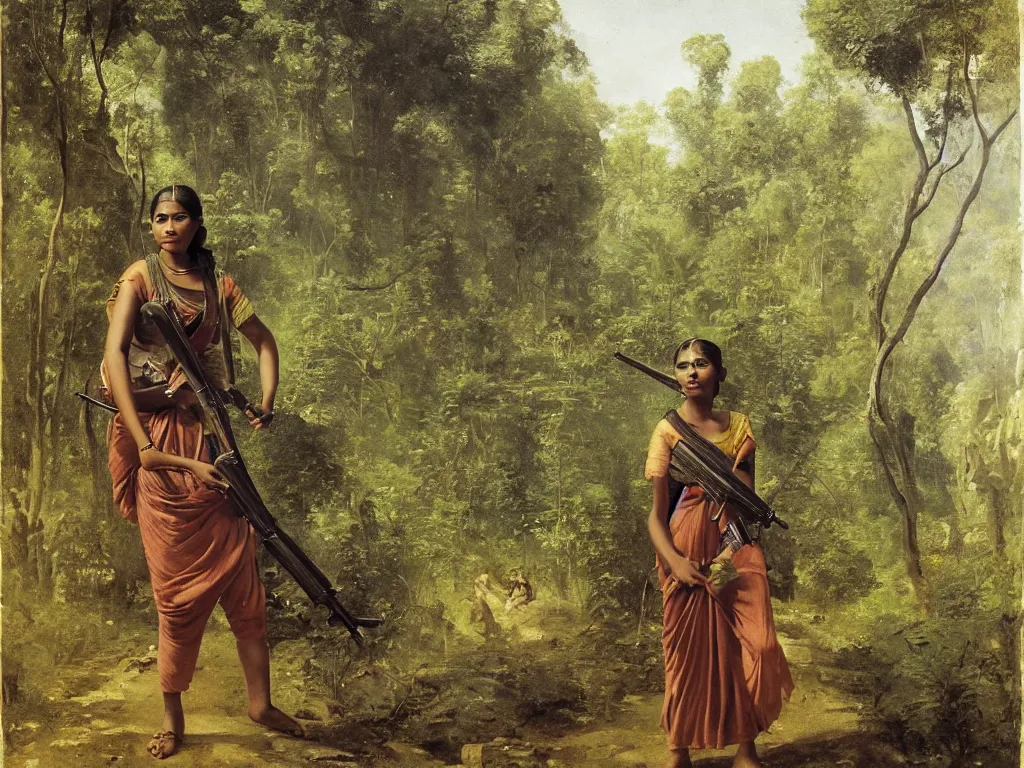 Image similar to sri lankan woman holding an ak 4 7 in a jungle next to an anc 8 8 ient ruin, by camille corot, third - person, f / 2 2, kinemacolor, rim lights, insanely detailed and intricate, hypermaximalist, elegant, ornate, hyper realistic, super detailed