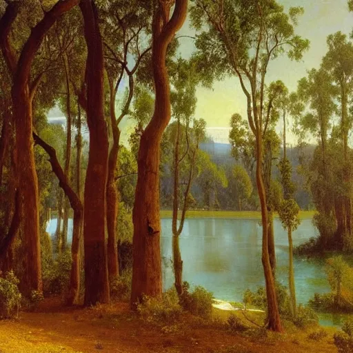 Prompt: a beautiful oil painting of a eucalyptus globulus trees next to a river albert bierstadt - h 7 0 4