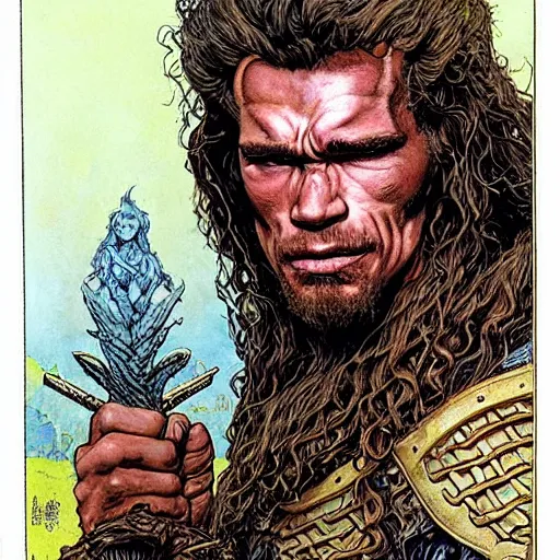 Image similar to a realistic, very beautiful and atmospheric portrait of young arnold schwarzenegger as a druidic warrior wizard looking at the camera with an intelligent gaze by rebecca guay, michael kaluta, charles vess and jean moebius giraud