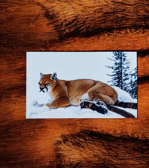 Image similar to torn up postcard showing 'a cougar sleeping in the middle of snowy pine tree' laying on coffee table, zoomed out shot, HD, iphone capture