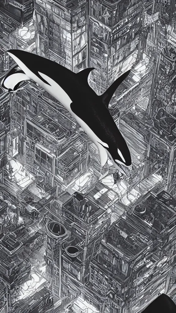 Prompt: highly detailed illustration of an orca flying over a cyberpunk city at night by nico delort, moebius, oliver vernon, joseph moncada, damon soule, manabu ikeda, 4 k resolution