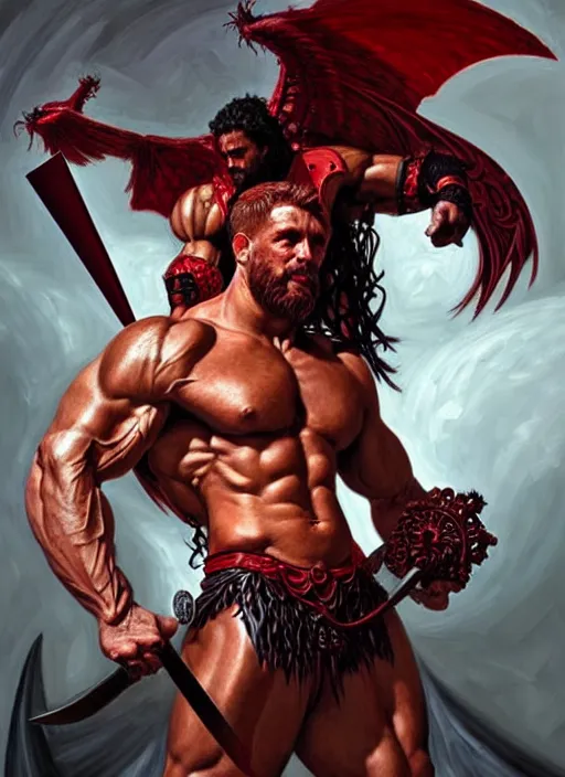 Image similar to portrait of aggressive demonic damned heracles slaying an angel, d & d, muscular! athetic slim bodybuilder, red and black, futuristic, fantasy, intricate, elegant, highly detailed, digital painting, artstation, concept art, smooth, sharp focus, illustration, art by artgerm and greg rutkowski and alphonse mucha