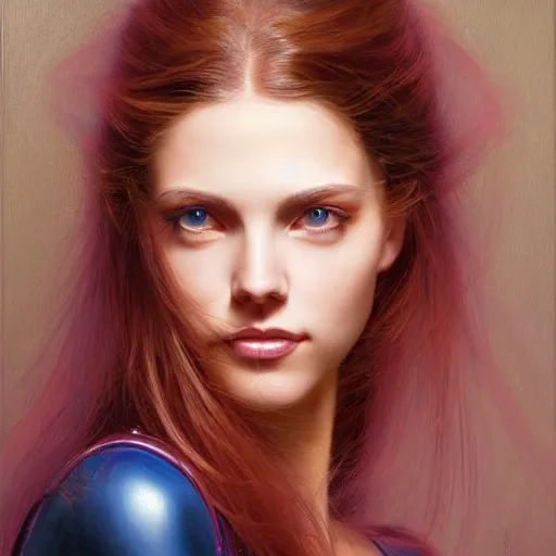 Prompt: Facial portrait of a gorgeous girl, looking away from the camera, seductive smile, sparkle in eyes, lips slightly parted, long flowing hair, no hands visible, intricate, delicate, teasing, arrogant, defiant, bored, mysterious, extremely detailed painting by Mark Brooks and by Greg Rutkowski, vibrant colors, studio lighting