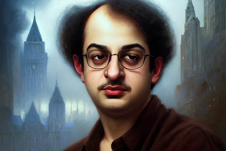 Image similar to poster portrait of young salman rushdie. oil painting elegant, highly detailed, centered, digital painting, artstation, concept art, smooth, sharp focus, illustration, artgerm, tomasz alen kopera, peter mohrbacher, donato giancola, joseph christian leyendecker drew struzan