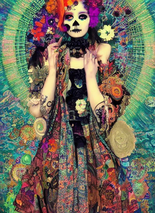 Image similar to cute punk goth fashion hippy fractal Día de los Muertos android girl wearing kimono made of light posing by Zhang Jingna, psychedelic poster art of by Victor Moscoso Rick Griffin Alphonse Mucha Gustav Klimt Ayami Kojima Amano Charlie Bowater, masterpiece