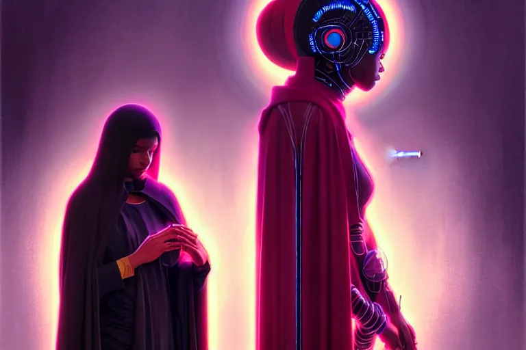 Image similar to patron saint 👩🏾 praying with machine, futuristic long robes clothing, worm hole, neon god of city character portrait, in the style of moebius, wlop, tom bagshaw, and waterhouse, cinematic lighting, beautiful, elegant, oil painting,