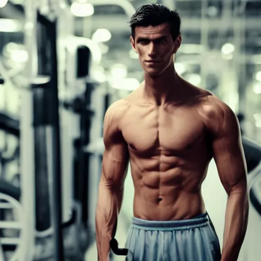 Image similar to a realistic detailed photo of a guy who is an attractive humanoid who is half robot and half humanoid, who is a male android, attractive and handsome jogger, shiny skin, posing like a statue, blank stare, in a factory, on display, showing off his muscles, wearing gym shorts, side view, looking at each other mindlessly