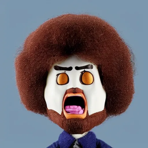 Image similar to a screaming angry bob ross doll in rear view mirror