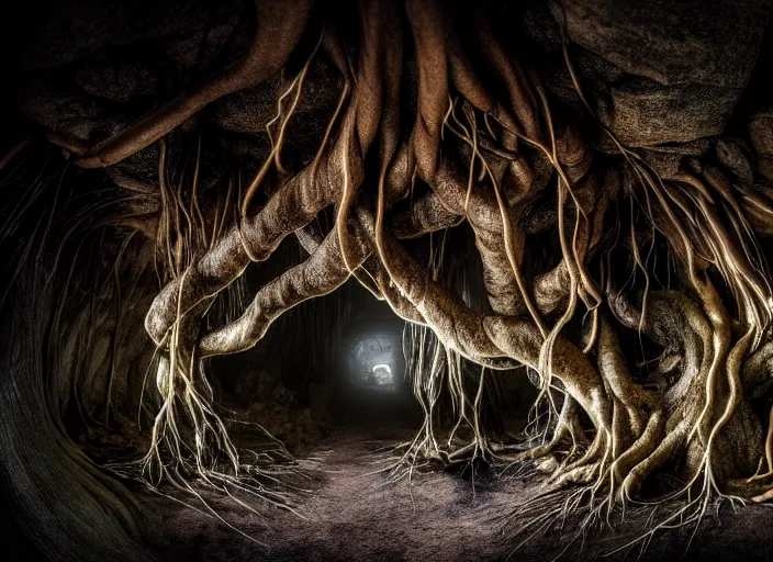 Image similar to photo of roots growing down from a ceiling in an underground cavern wrapped around an elven woman. Fantasy magic horror style. Highly detailed 8k. Intricate. Nikon d850 55mm. Award winning photography.