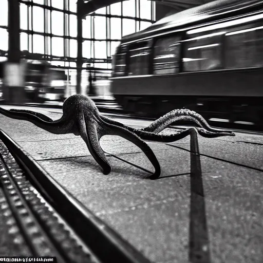 Image similar to of an octopus invading a train station, people are running away scared, shutter speed is 8 0,