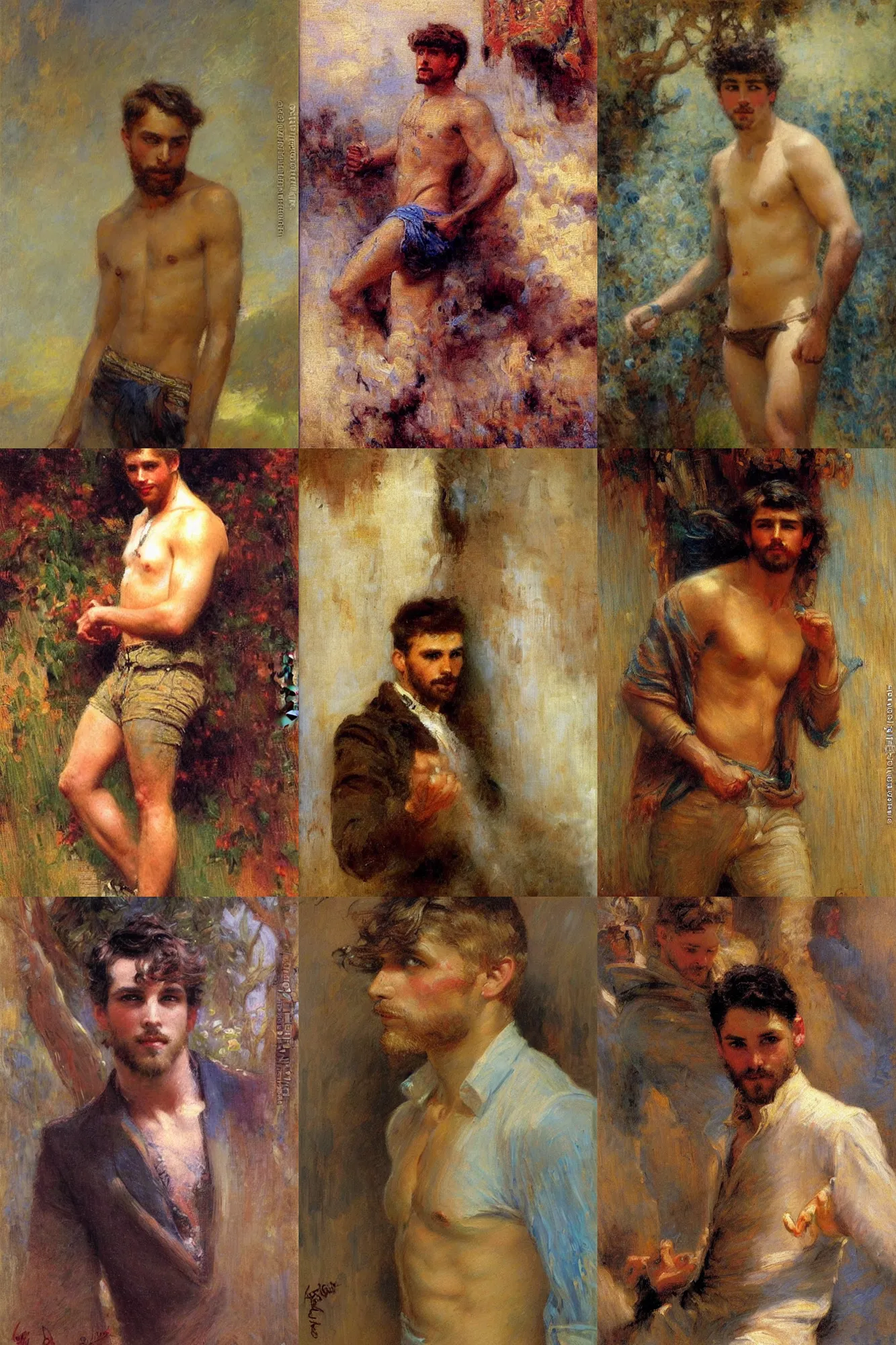 Prompt: attractive male, painting by gaston bussiere
