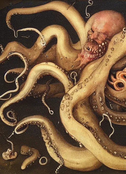 Prompt: Octopus eating a deceased homeless man corpse, horror photography, 4k quality, highly detailed features, by Hieronymus Bosch, painted on metal canvas