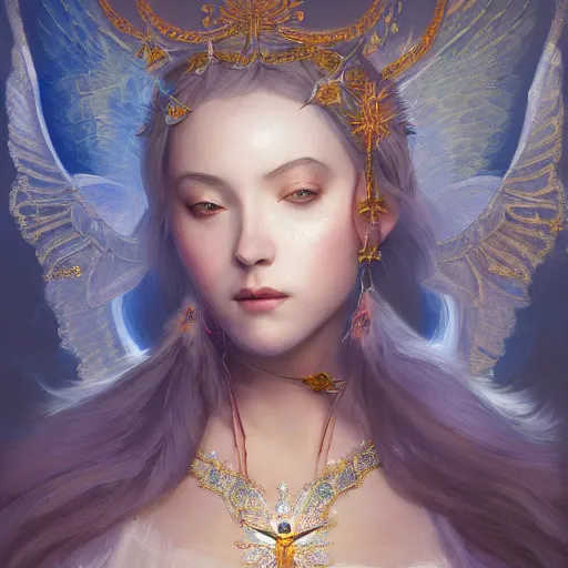 Image similar to A beautiful digital painting of a female Seraphim full of jewels, princess, the moon behind her, intricate, cinematic lighting, highly detailed, digital painting, Artstation, concept art, smooth, sharp focus, illustration, art by Tom Bagshaw, Artgerm and Greg Rutkowski