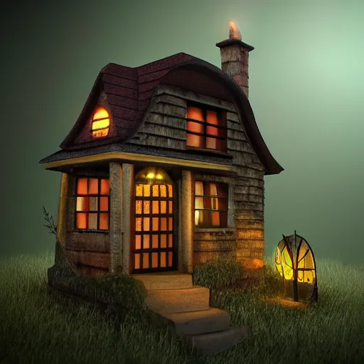 Prompt: strange little house by Tim Burton, dark background, volumetric lighting