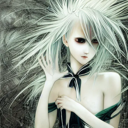 Image similar to Yoshitaka Amano realistic illustration of an anime girl with white hair and cracks on her face wearing dress suit with tie fluttering in the wind, abstract black and white patterns on the background, noisy film grain effect, highly detailed, Renaissance oil painting, weird portrait angle