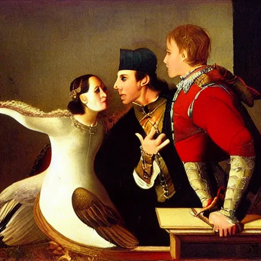 Image similar to goose romeo and juliet. geese, honk, stageplay beautiful painting renaissance.