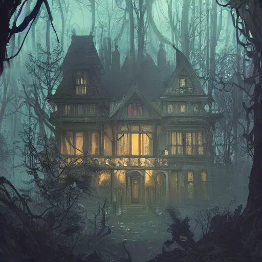 Image similar to a haunted victorian house in a dense dark forest, concept art, by Peter Mohrbacher and Alphonse Mucha, detailed, style, 8k, trending on artstation, unreal engine 4k, detailed, clean background trending, full shot, symmetrical portrait, sophisticated, Unreal engine, dystopia, anti-utopia, post processing, psychadelic