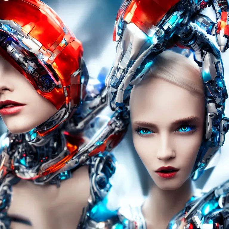 Prompt: futuristic cyborg robot fashion model with stunning perfect eyes and face, unreal engine, hyper detailed colourful, advertising photography, 4K high res trending on Flickr