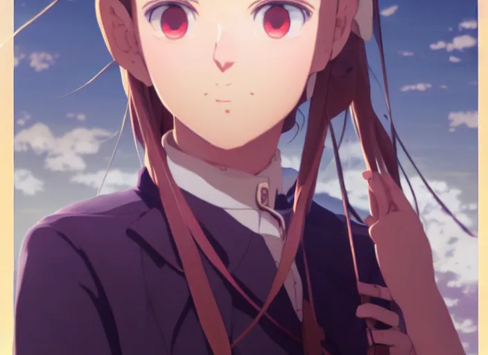 Image similar to portrait of girl maria, helm of second world war warship in background, illustration concept art anime key visual trending pixiv fanbox by wlop and greg rutkowski and makoto shinkai and studio ghibli and kyoto animation, symmetrical facial features, astral witch clothes, dieselpunk, golden details, gapmoe yandere grimdark, volumetric lighting, backlit