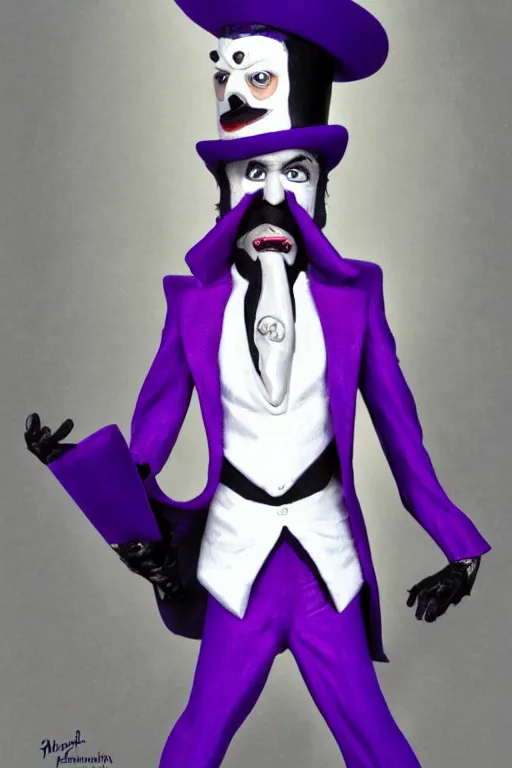 Image similar to a purple skinned tiefling with a goatee wearing a white suit and tophat standing in a doorway, purple skin, goatee, by Mark Brooks