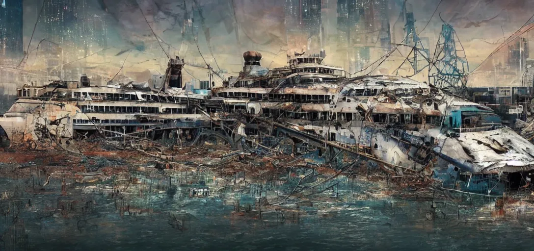 Image similar to an abandoned cruise ship in the River Thames, post-apocalyptic future, cables, wires, upcycled, cyberpunk, cinematic shot, hyper realistic, hyper detailed