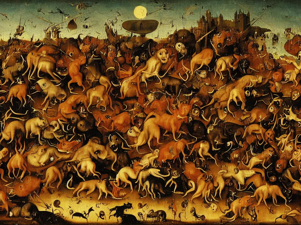 Image similar to dogs in a moshpit at a metal festival jumping and growling at each other, by hieronymus bosch, very wild, cool lighting at sunset, very detailed, concept art