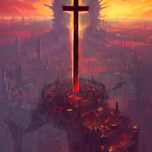 Prompt: a picture of hell with gigantic cross, highly detailed, artstation, smooth, sharp focus, illustration, warm top light, concept art by john berkey and raphael lacoste, dream, digital painting, artstation, 8 k