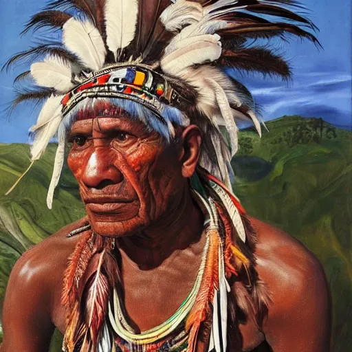 Image similar to high quality high detail painting by lucian freud, hd, full body of a indigenous tribe leader with a lot of feathers, photorealistic lighting