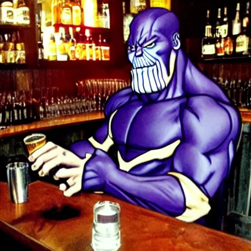 Prompt: thanos drinking beer at a bar