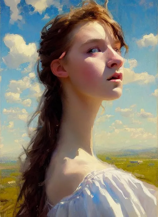 Image similar to portrait of girl dressed in white clothes , countryside, fantasy character portrait, dynamic pose, above view, view from above, sunny day, thunder clouds in the sky, artwork by Jeremy Lipkin and Giuseppe Dangelico Pino and Michael Garmash and rob rey, very coherent symmetrical artwork, perfect face, simple form, 100mm