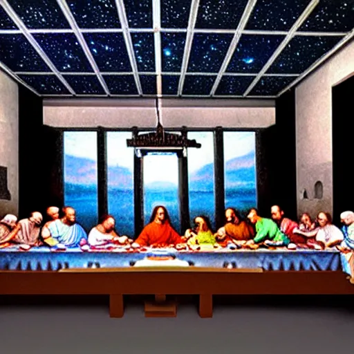 Image similar to in a space technology museum, a futuristic hologram art of The Last Supper by Leonardo Da Vinci