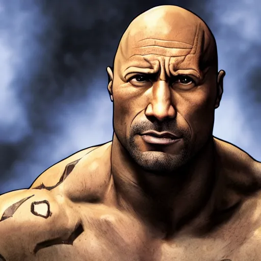 Image similar to dwayne douglas johnson portrait, borderlands, tales from the borderlands, the wolf among us, comic, cinematic lighting, studio quality, 8 k