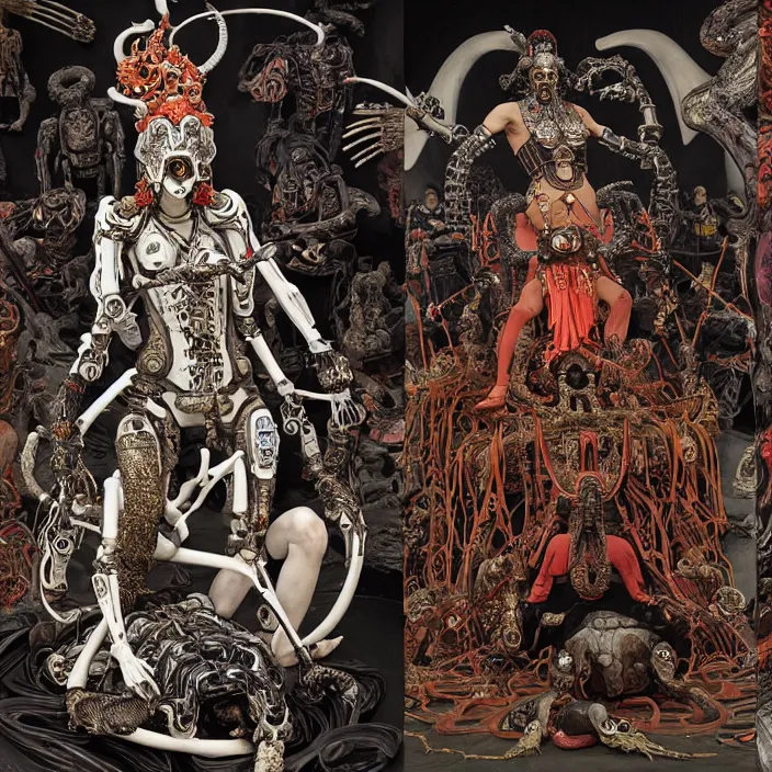 Prompt: still frame from Prometheus by Utagawa Kuniyoshi, death god Kali Durga as Dr doom in ornate bio cybernetic bone armour in front of burning souls and pile of alien skulls by Wayne Barlowe by peter Mohrbacher by Giger, dressed by Alexander McQueen and by Neri Oxman, metal couture hate couture editorial