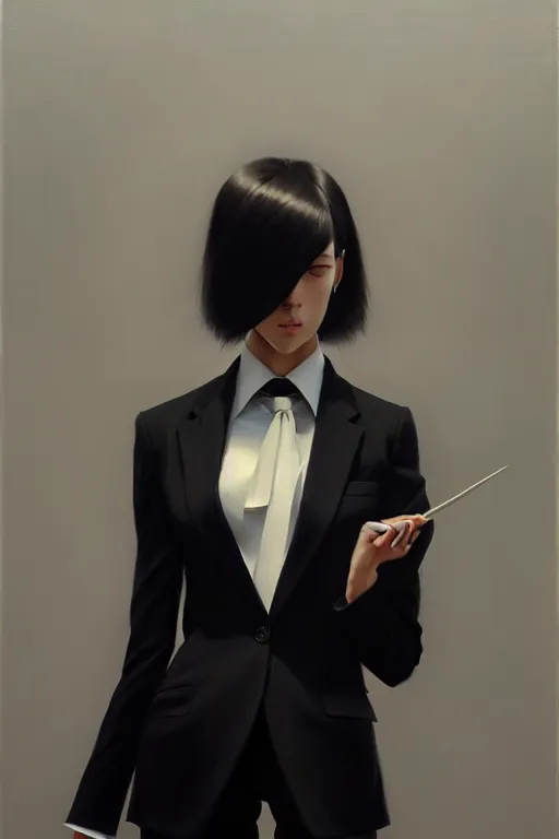 Image similar to a ultradetailed beautiful portrait panting of a stylish woman wearing a black loose fit suit with a tie, oil painting, by ilya kuvshinov, greg rutkowski and makoto shinkai, trending on artstation