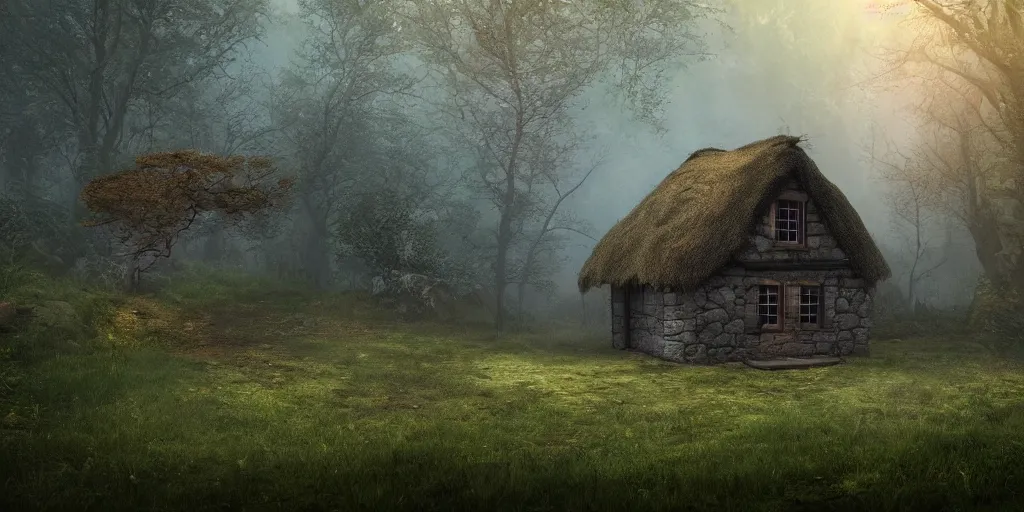 Prompt: lone cottage in the woods, 8k, fantasy, photorealistic, dramatic lighting