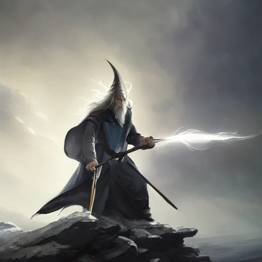 Image similar to gandalf casts a lightningbolt, dramatic lighting, chiaroscuro, high detail, painted by greg rutkowski, painted by igor kieryluk, painted by bobby chiu, trending on artstation