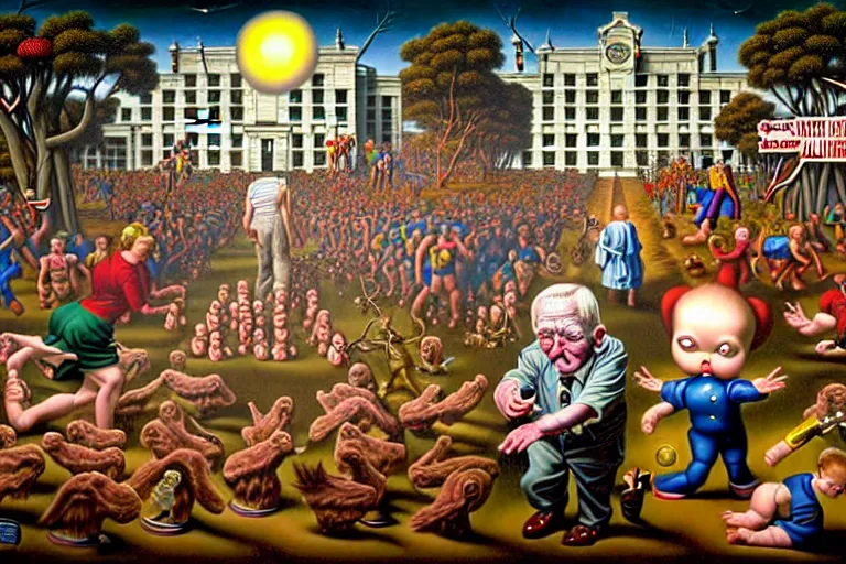 Image similar to a sparsely populated strange battle in an old hospital between old people and babies Robert Williams Mark Ryden and Alex Gross, Todd Schorr highly detailed deep perspective perfect composition