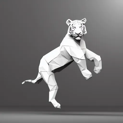 Image similar to a low - poly render of a white tiger in a dynamic action pose dwelling in the spirit realm, low poly 3 d, octane render, dramatic dreamlike lighting