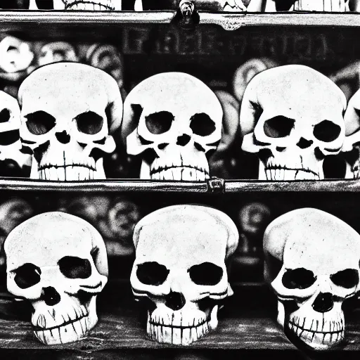 Prompt: Skulls lying on a shelf. Close Up Shot, Dark Fantasy, Film Noir, Black and White. High Contrast, Mike Mignola, D&D, OSR, Glowing