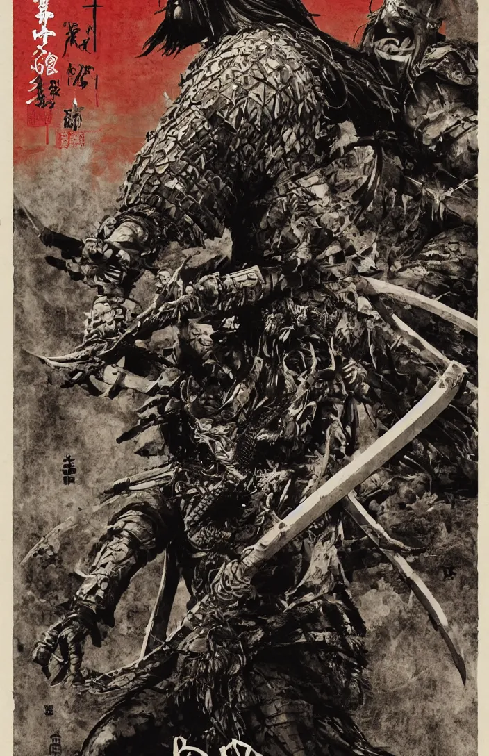 Image similar to movie film poster art for samurai vs predator film shot in feudal japan staring hiroyuki sanada as a disgraced ronin who hunts down the predator after he fails to protect his master from it. in the style of ansel adams, reynold brown, h. r. geiger.